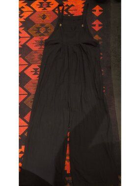 Black Cotton Wide-Leg Overalls With Adjustable Straps & Front Pocket - XL